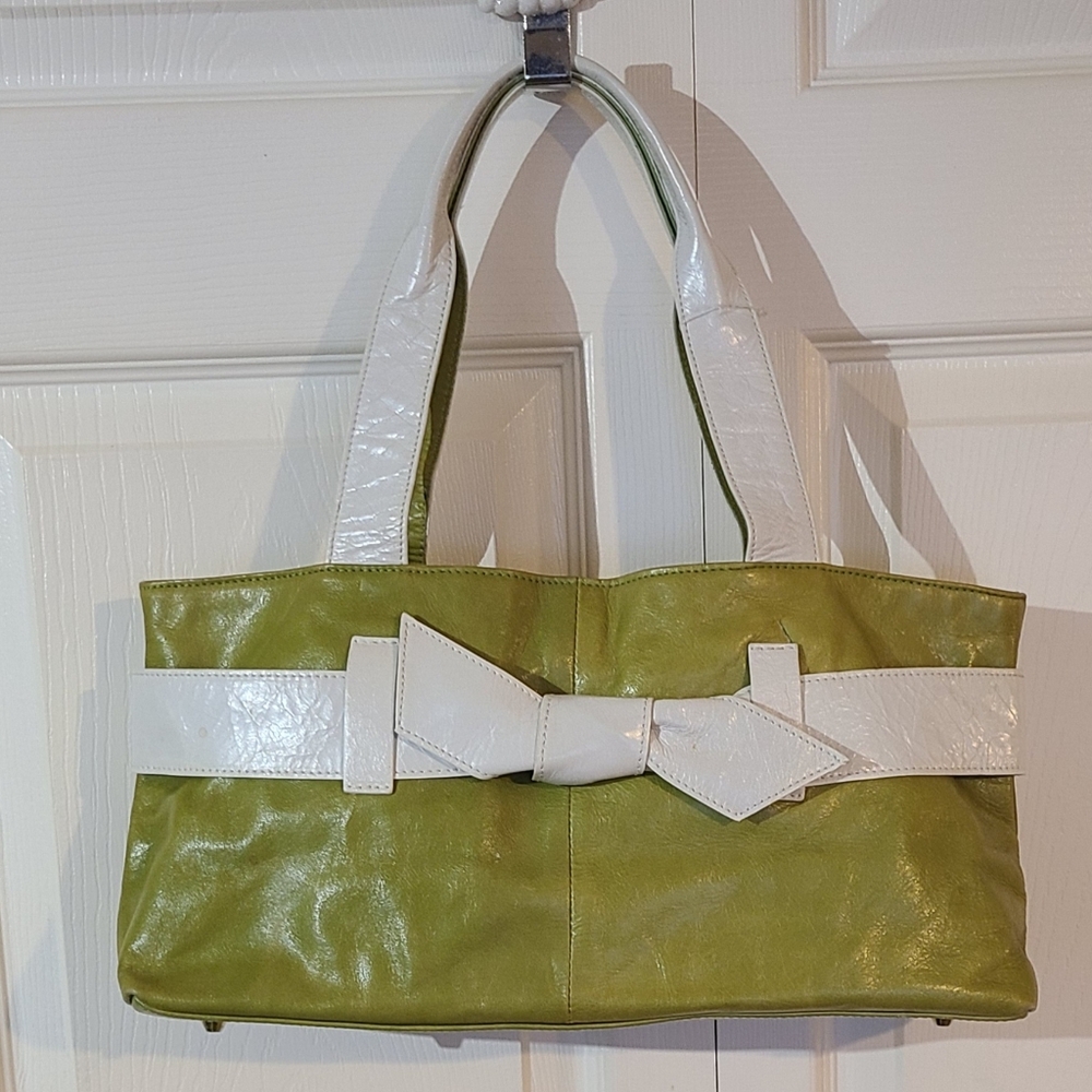 Vintage Roberta Gandolphi Italian Leather Light GreenAnd White Bow Handbag